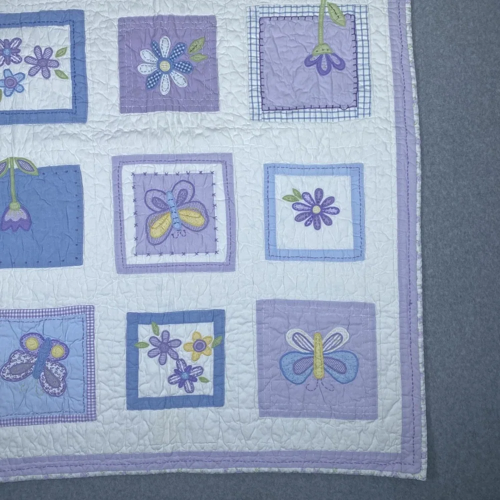 Pottery Barn Kids Quilt 48X35 Toddler Purple Butterfly Floral Cotton Patchwork